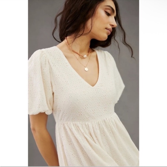 ANTHROPOLOGIE MOTHER Off White Eyelet Puff Sleeve Tiered Maxi Dress M NWT - Picture 4 of 9